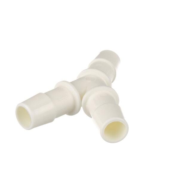 A white plastic pipe fitting with two white plastic connectors.
