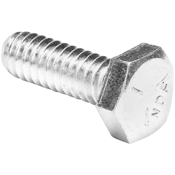 A Bakers Pride 2C-Q2025A zinc hex bolt with a silver finish.