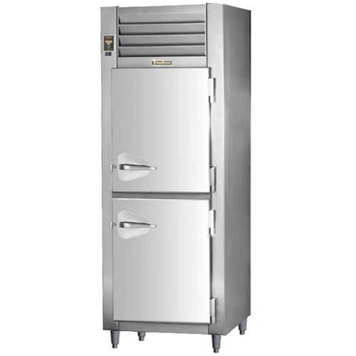 A stainless steel Traulsen reach-in refrigerator with a shallow depth and half doors.