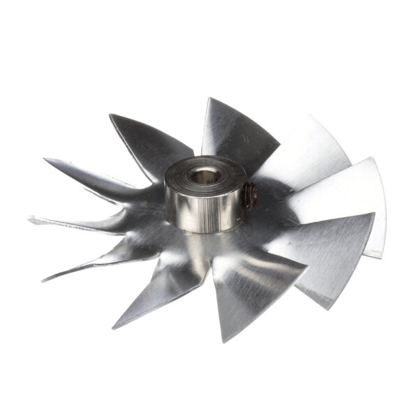 A metal BLD FAN 2.5S fan blade with a nut.