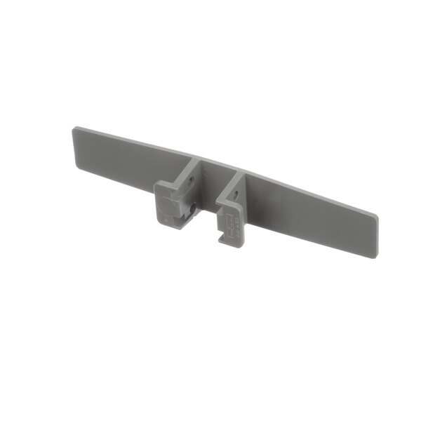 A grey plastic Avtec conveyor slat corner with two holes.