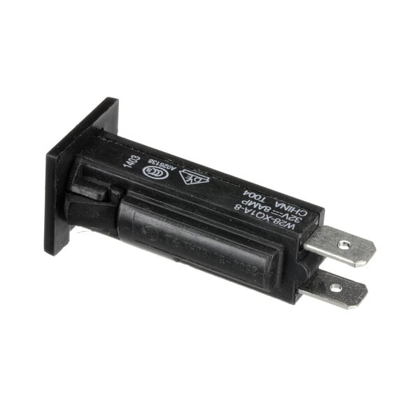 A black electrical device with metal connectors and white text on it.