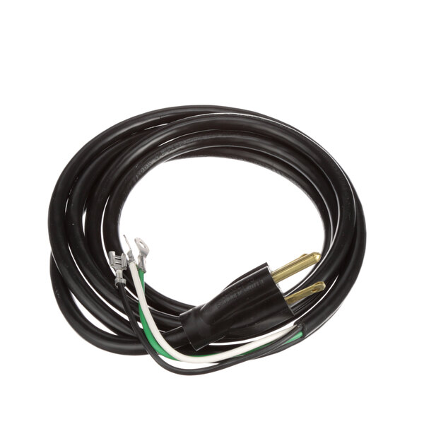 A black Vollrath cord with white and green wires.