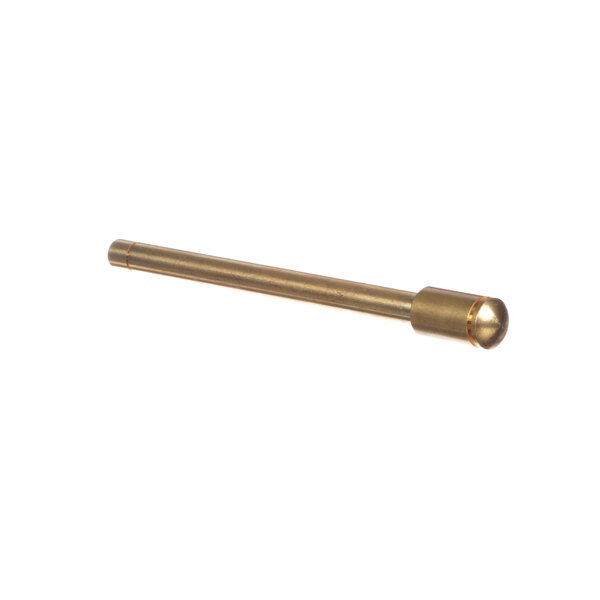 A brass colored metal rod with a small hole.