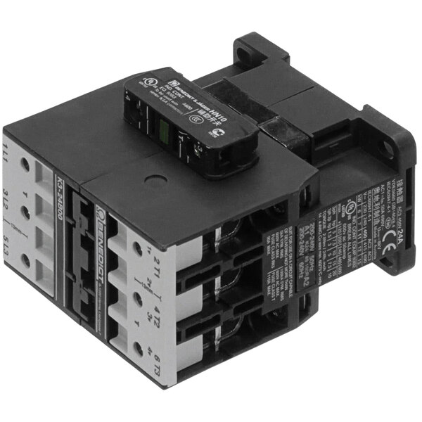 A black electrical contactor with white text on it.