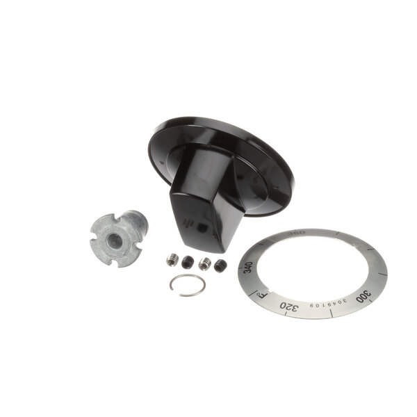 A black plastic knob with a round metal ring and a screw.