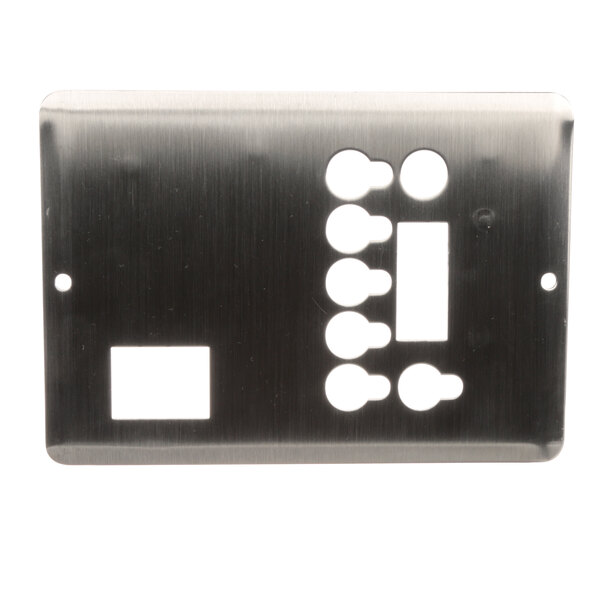 A metal plate for a Henny Penny control panel with four white circles and a hole.