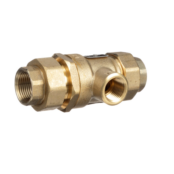 A close-up of a brass Stero backflow preventer with a threaded end.