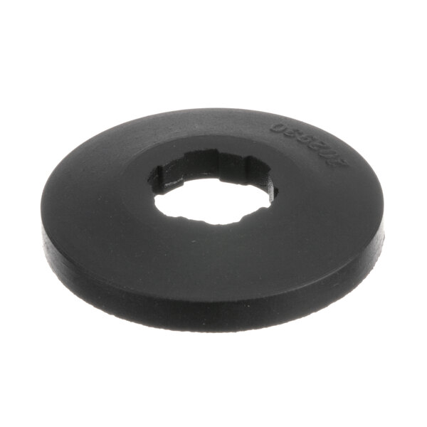 A black rubber round washer with a hole in it.