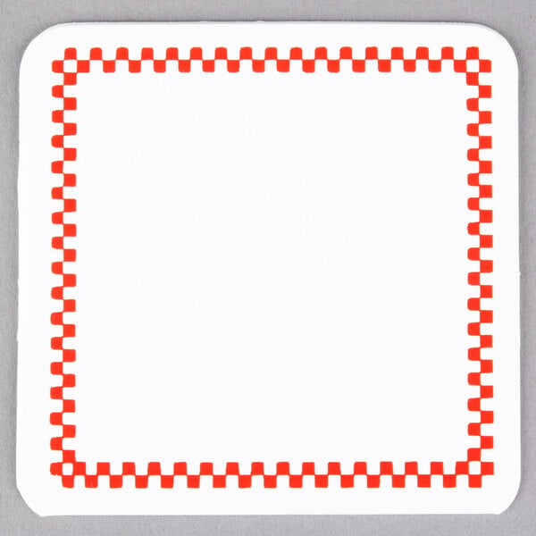 A white square Ketchum Manufacturing deli tag with red and white checkered border.