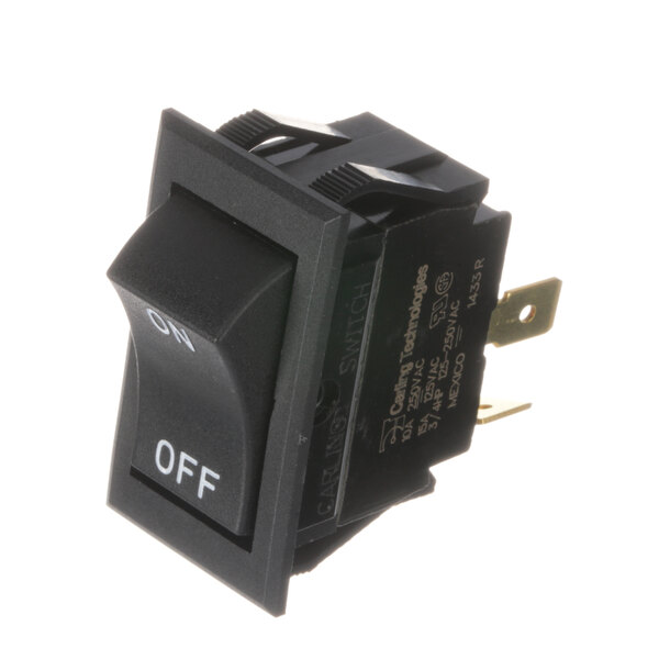 A black Blodgett rocker switch with white text that says "off"