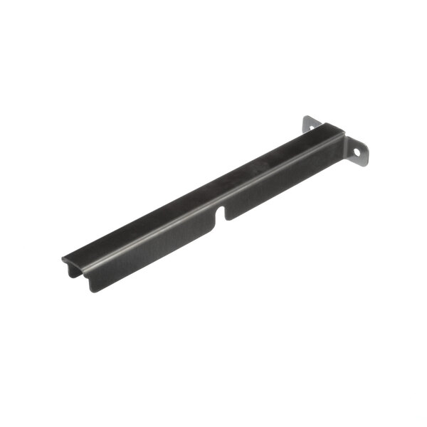 A black metal shelf support clip with a long handle.