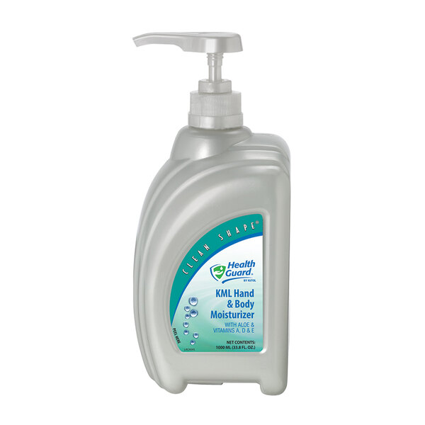 A plastic bottle of Kutol Health Guard hand and body moisturizing lotion with a white label.