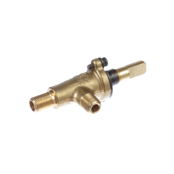 A brass US Range open burner valve with a black handle.
