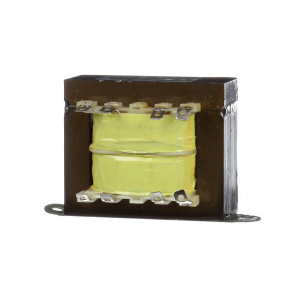 A yellow and black transformer with metal clips.