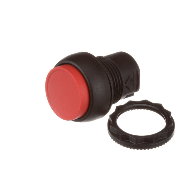 A red Accutemp push button with a black ring.