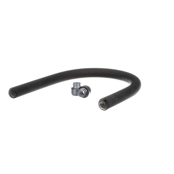 A black flexible hose with metal screws on the ends.