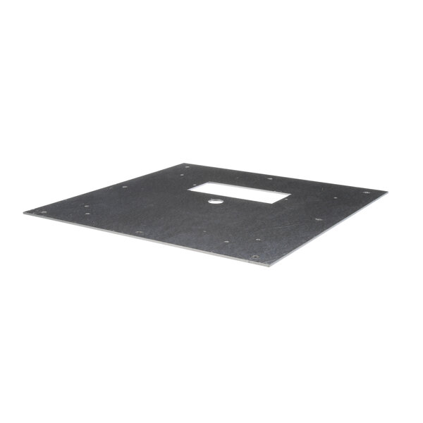 A black square metal plate with holes in it.