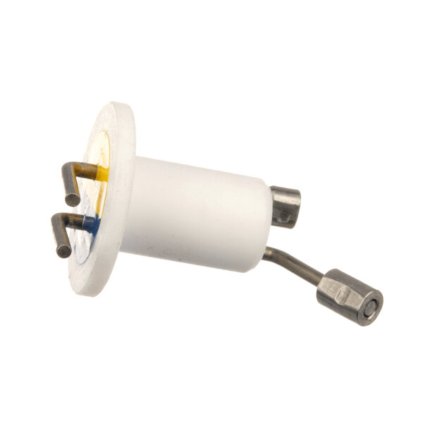 A white and blue Grindmaster-Cecilware water level sensor with a white plastic pipe and a silver screw.