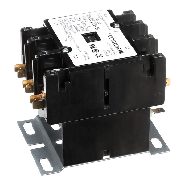 A close-up of a black rectangular Crown Steam circuit breaker with white labels and two wires.