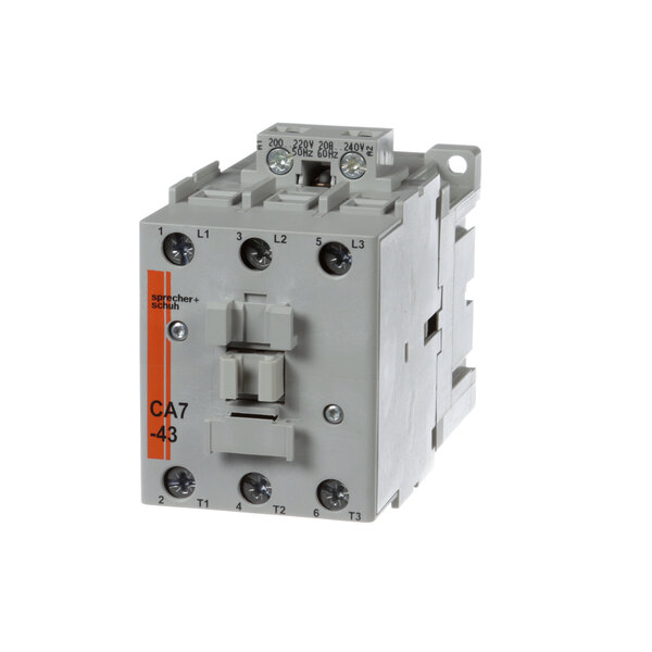 A grey Middleby Marshall contactor with orange label and two switches.