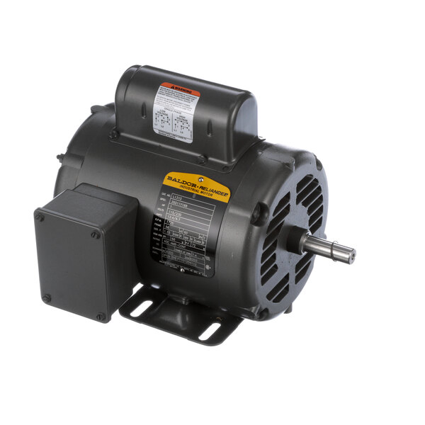 A black electric motor with a yellow label.