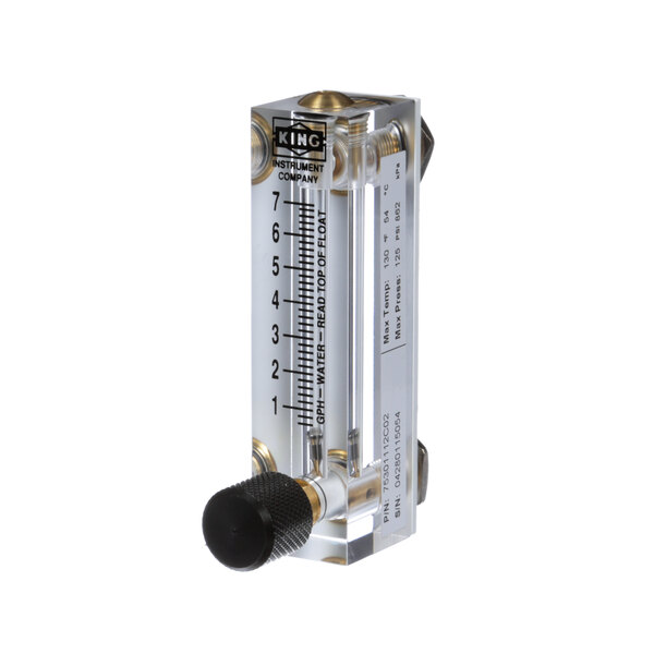 A clear and black Blodgett flow meter with white details.