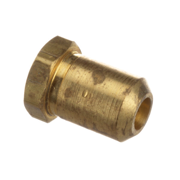 A close-up of a brass nut with a ring.