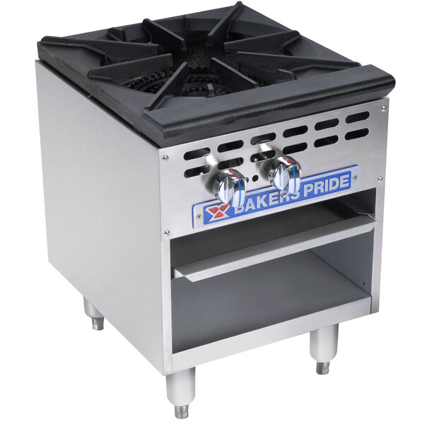 A Bakers Pride stainless steel liquid propane stock pot range with a single burner.