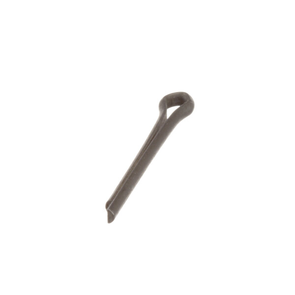 A close-up of a cotter pin with a black handle on a white background.
