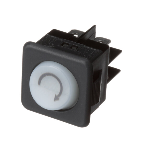 A black square Insinger push button switch with a white button.
