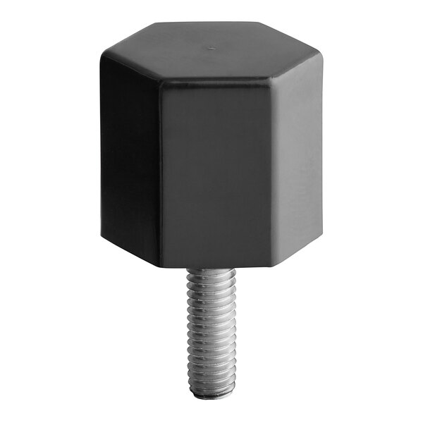 A black hexagon shaped thumbscrew with a metal bolt.