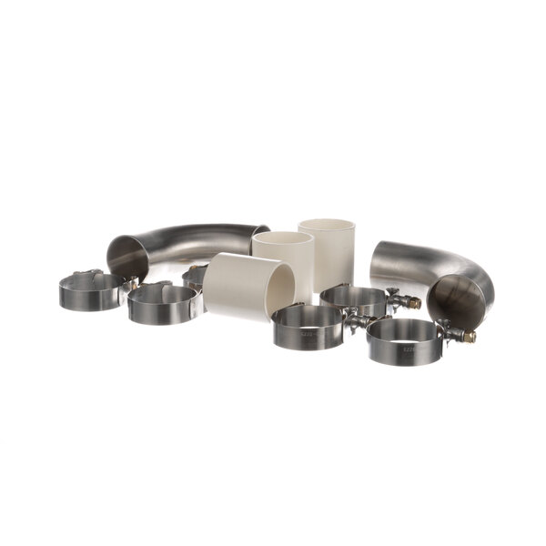 A group of stainless steel pipes and fittings.