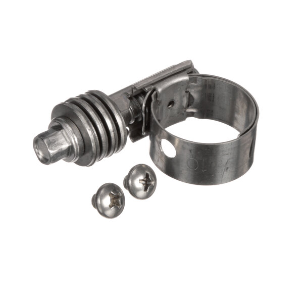A metal Follett Corporation clamp with screws and nuts.
