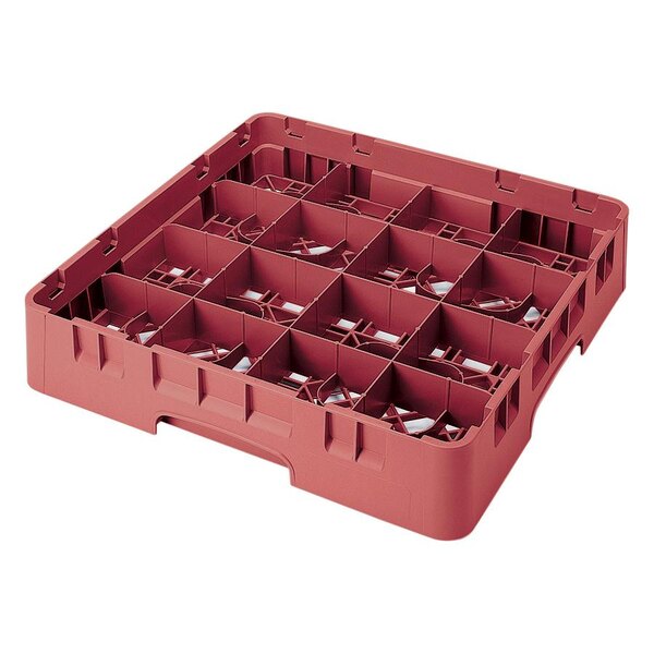 A red plastic Cambro glass rack with 16 compartments.