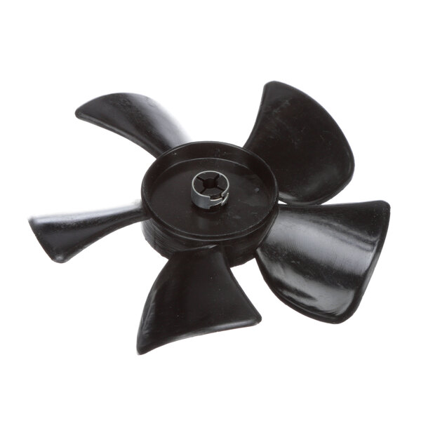 A black plastic propeller fan blade with a nut.