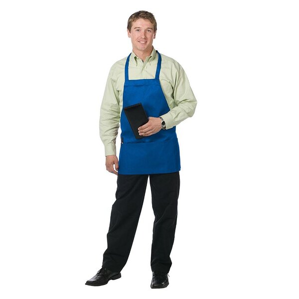A man in a Chef Revival blue apron holding a tablet.
