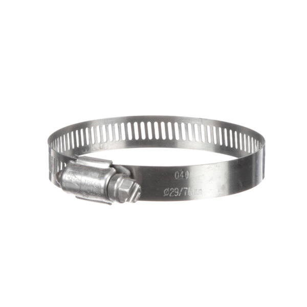 A close-up of a Salvajor M40 stainless steel hose clamp with a nut.