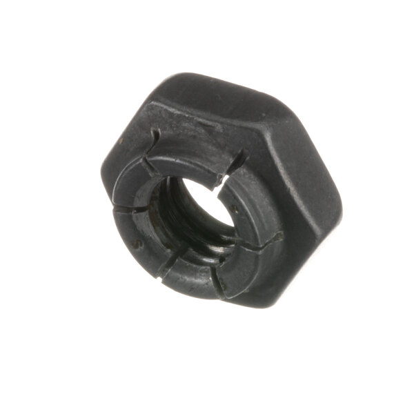 A close-up of a black hexagon Hobart step nut with a hole.