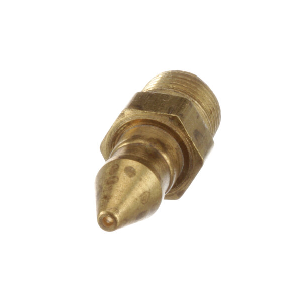 A close-up of a brass threaded nozzle.