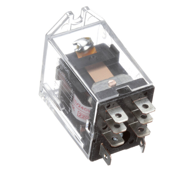 A clear plastic box containing a BKI R0171 relay with metal parts and two wires.