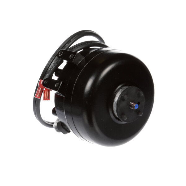 A black round Beverage-Air fan motor with wires.