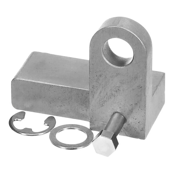 A metal Henny Penny lid latch with a key and ring, nut and washer included.