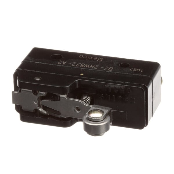 A black mechanical switch with a metal lever.