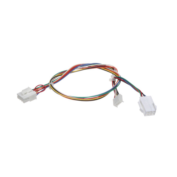 A white cable with a white electrical connector and colorful wires.