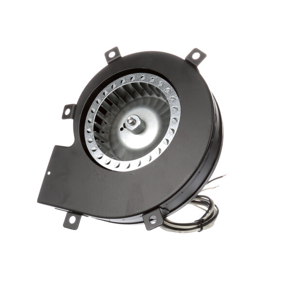 A black circular Victory blower motor with wires.