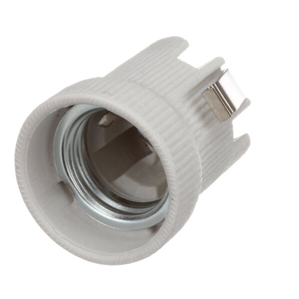 A white plastic BKI heat lamp socket with a metal nut.