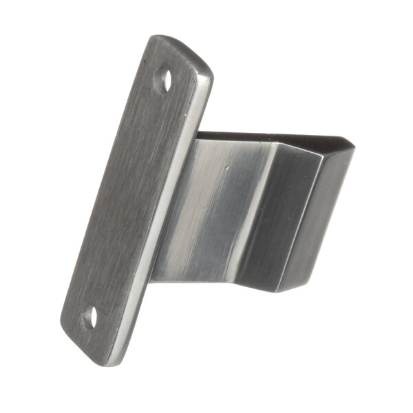 A stainless steel Wells door strike bracket with two holes.