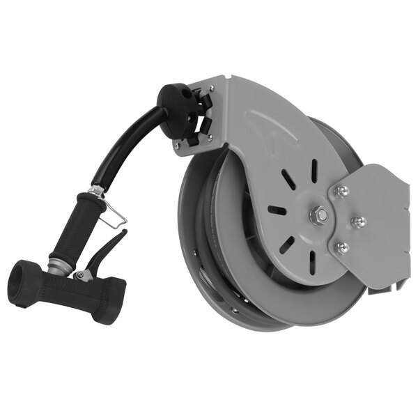 A T&S open steel hose reel with a rear trigger water gun attached.