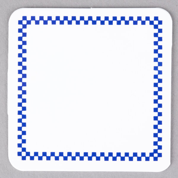 A white square Ketchum Manufacturing deli tag with a blue and white checkerboard border.
